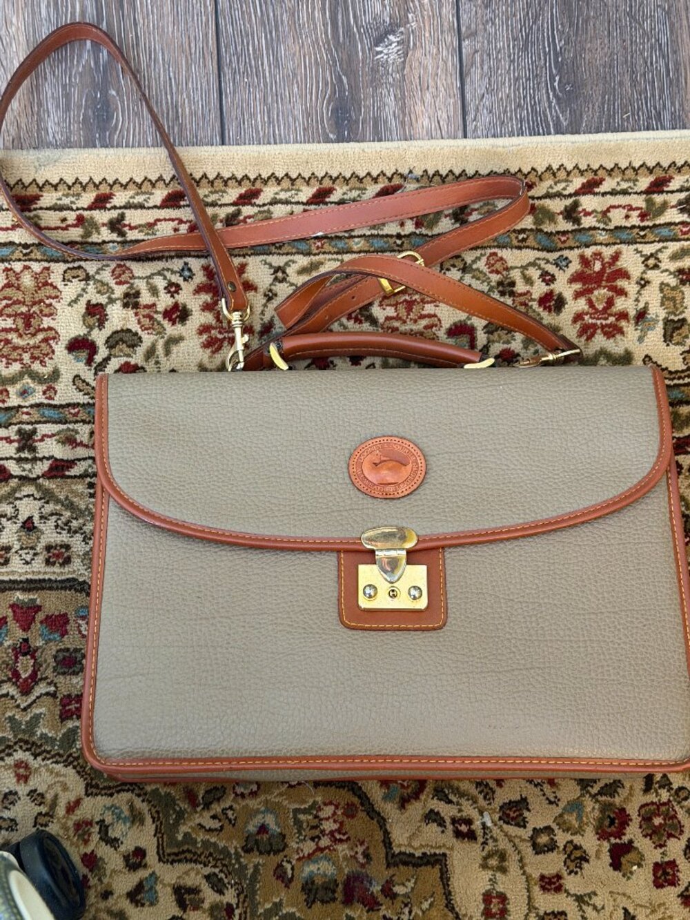 Dooney & Bourke Taupe and Brown Pebbled Leather Laptop Bag with Saddle Trim